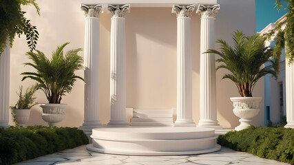 Naklejka premium Background podium column 3d roman luxury greek white ancient display product classic. Podium platform background column pillar stage minimal stand beauty design greece render scene plant cosmetic rome