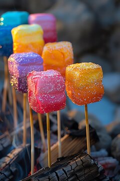 Colorful marshmallows on sticks over campfire