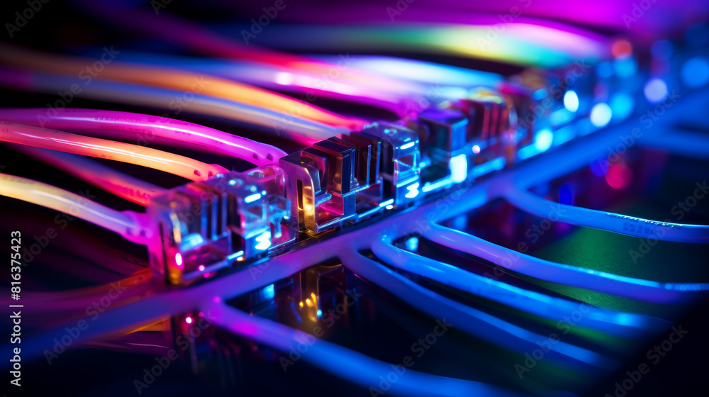 Poster a colorful array of wires and cables, with some of them glowing in the dark