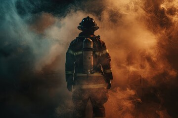Firefighter standing in smoke, back view, dark background, smoke, fire and light effects, high resolution photography