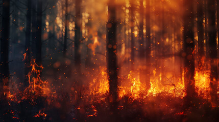 Dramatic Blurred Forest Fire Scene with Intense Illumination