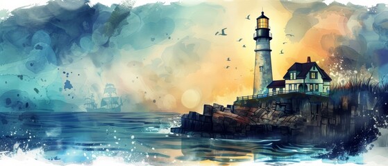 Fototapeta premium A watercolor of a lighthouse that guides lost mythical creatures back to their realm