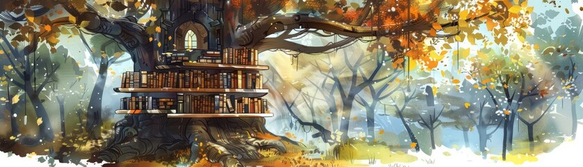 A watercolor of an ancient library in a tree