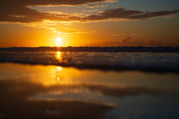 Golden sun reflecting over foamy beach waves at dawn