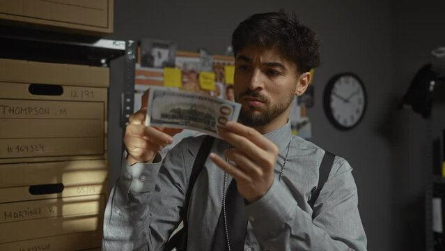 Handsome bearded man analyzes counterfeit dollars in a detective office, conveying a focused investigation scene.