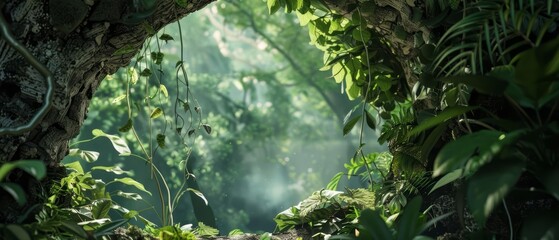 Naklejka premium At the heart of a dense jungle, a frame mockup is artfully positioned on a tree trunk, blending seamlessly with the wild, natural surroundings in a vivid 3D render