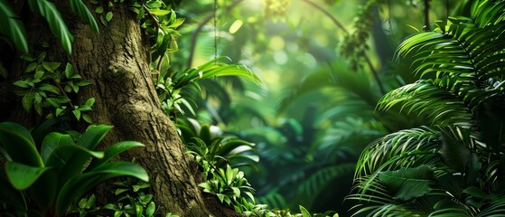 At the heart of a dense jungle, a frame mockup is artfully positioned on a tree trunk, blending seamlessly with the wild, natural surroundings in a vivid 3D render