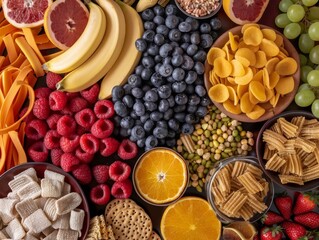Top view of healthy food. Fruits, vegetables, cereals and nuts.