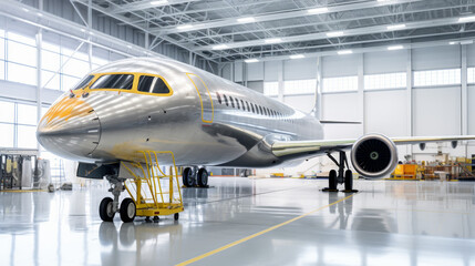 A silver airplane is parked in a hangar