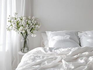 White bedding and flowers in vase on the bedside table.