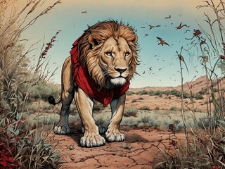 Illustration of a Lion With Red Scarf, AI Generative