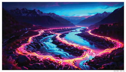 Fantasy Landscape with Neon Glowing Mountains and River - Vector Illustration
