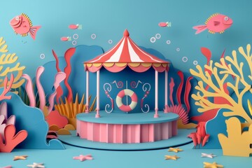 Circus stage podium background set in an underwater theme park