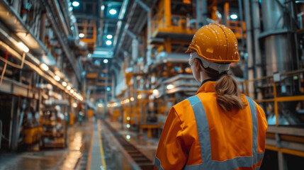 Back view of a female worker wearing a helmet in an industrial setting.