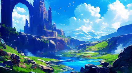 landscape castle eropa fantasy style anime