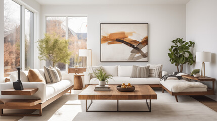 Elegant Living Room with Minimalist Decor and Wooden Furniture