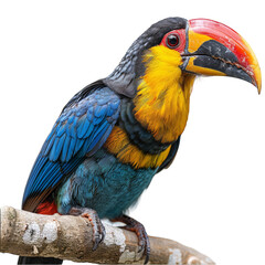 a colorful bird sitting on a branch with a white background, transparent background png