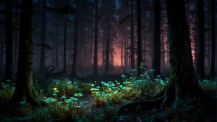 Naklejka premium A vivid scene of a moonlit forest where shadows dance amidst the vibrant glow of bioluminescent fungi ai_generated