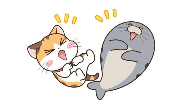 Laughing Cat and Otter Animation - White Background