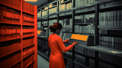 A woman is browsing through a library with a yellow box on the shelf