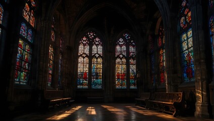 The mysterious charm of a gothic cathedral adorned with stained glass windows casting colorful shadows in the dim light  ai_generated - Powered by Adobe