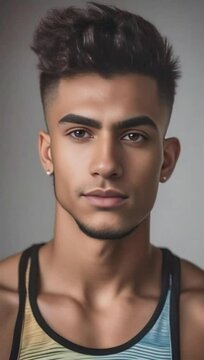 front portrait of a young man with a fade haircut in a sporty outfit 