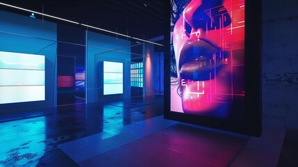 In an ultramodern museum of digital art, a frame mockup interacts with augmented reality displays, offering a cuttingedge visual experience rendered in three dimensions