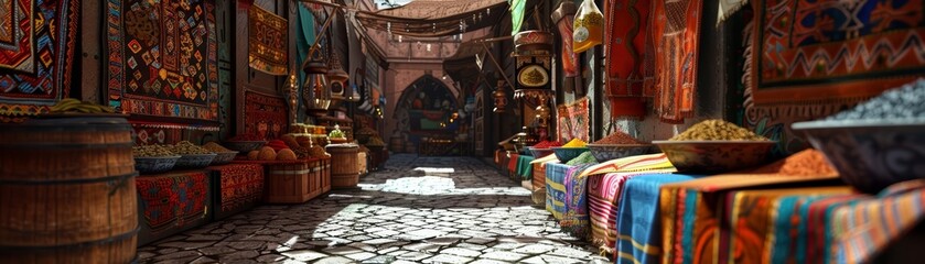 Obraz premium Inside a bustling Moroccan market, a frame mockup is adorned with colorful tapestries and spices, capturing the vibrant and aromatic atmosphere in a 3Drendered snapshot