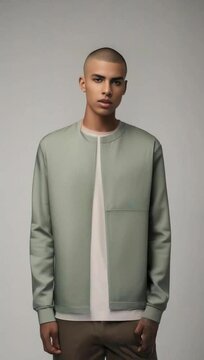 front portrait of a young man with a buzz cut in a minimalist outfit 