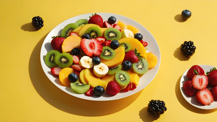 Mixed fruit salad in plate on yellow background top view Diet summer food concept