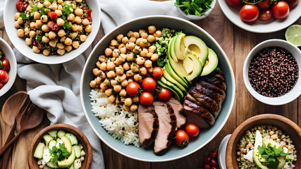 Top view two buddha bowl lemon water Clean balanced healthy food concept Chicken grilled steak rice spicy chickpeas black white quinoa avocado carrot zucchini radish tomatoes wooden table