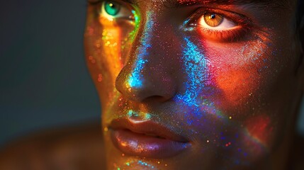 Hyper-realistic image of a bisexual man's face, half illuminated by rainbow lighting, showcasing his complex identity and pride