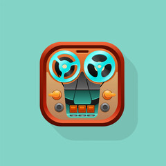 Reel-to-reel tape recorder, retro multimedia device. Stylized volumetric icon, square size, warm brown colors with shadow. Vector illustration.