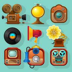 Vintage icons of multimedia devices. Retro technologies such as video photo cameras, gramophone, megaphone, reel-to-reel radio, vinyl record, telephone, antique lamp. Vector illustration.