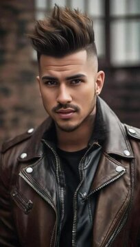 front portrait of a young man with a mohawk hairstyle in a leather ja