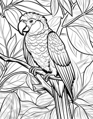 coloring page for kids, Macaw parrot in the jungle