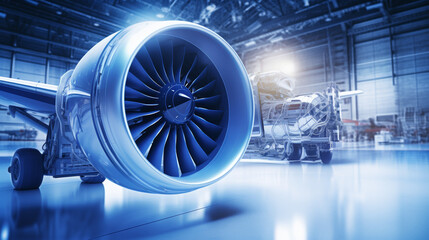 A blue airplane engine is on display in a hangar