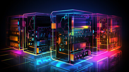 A series of cubes with neon colors and a reflective surface