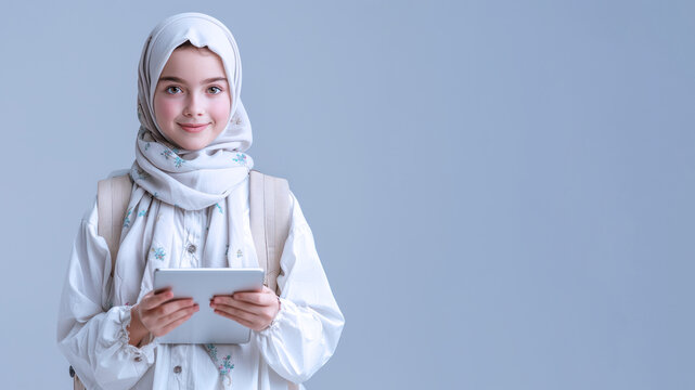 Arabian school girl holding tablet with backpack, student, technology, education