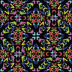 Thick letters in neon pattern with black background.