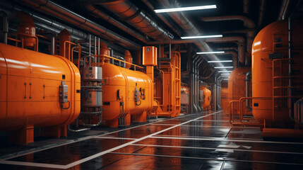 A large industrial space with many orange pipes and tanks