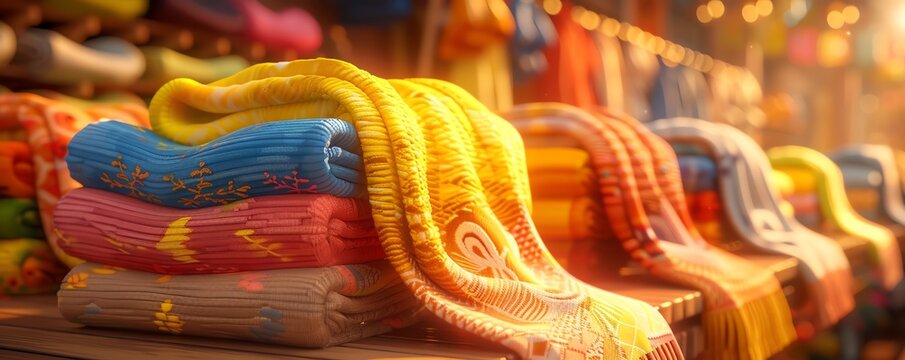 Marketplace showcasing diverse fabrics from around the world, front view, Global textiles, Digital tone, Splitcomplementary color scheme