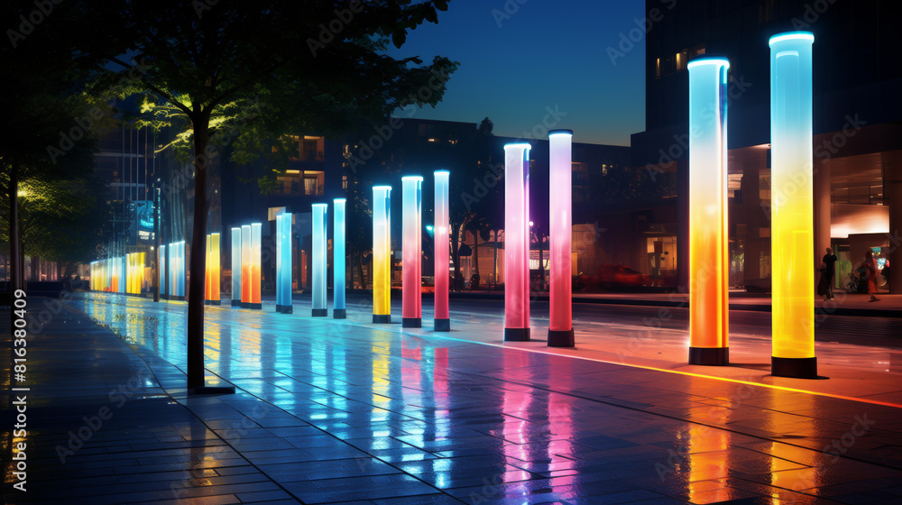 Poster a colorful lighted street with a tree in the background