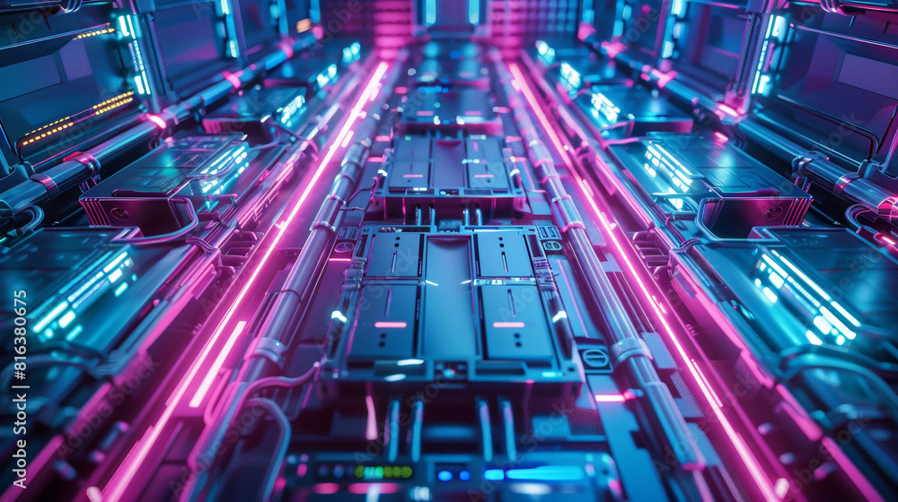 Poster a neon colored image of a computer network with a futuristic feel