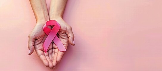 Hands holding a pink ribbon, the cancer awareness symbol, on a pastel background with copy space for skin health and housing issues.