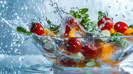 Dynamic scene of tomatoes, bell peppers, and leafy greens splashing in a water-filled glass bowl.