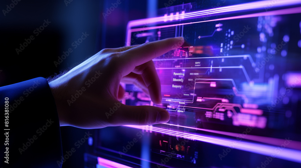 Poster a hand is pointing at a computer screen with a purple background