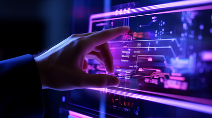 A hand is pointing at a computer screen with a purple background