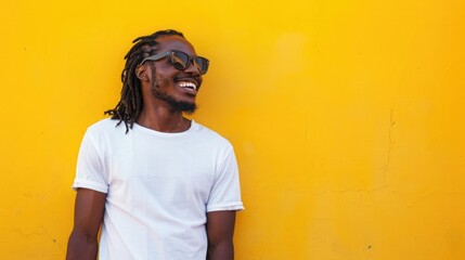 handsome black man with long locs and sunglasses smiling, wearing white t shirt mockup in front of...