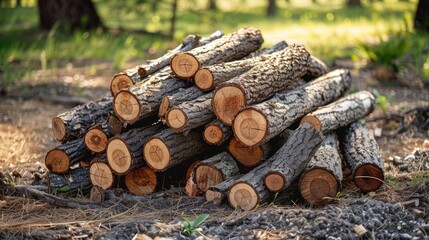close up photo of pile cut down trees, pile wood for construction in spring time outdoors.